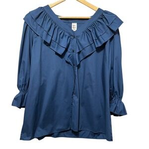 VTG Malco Modes Womens Blouse XXL Blue Ruffle Collar Prairie Peasant‎ Romantic